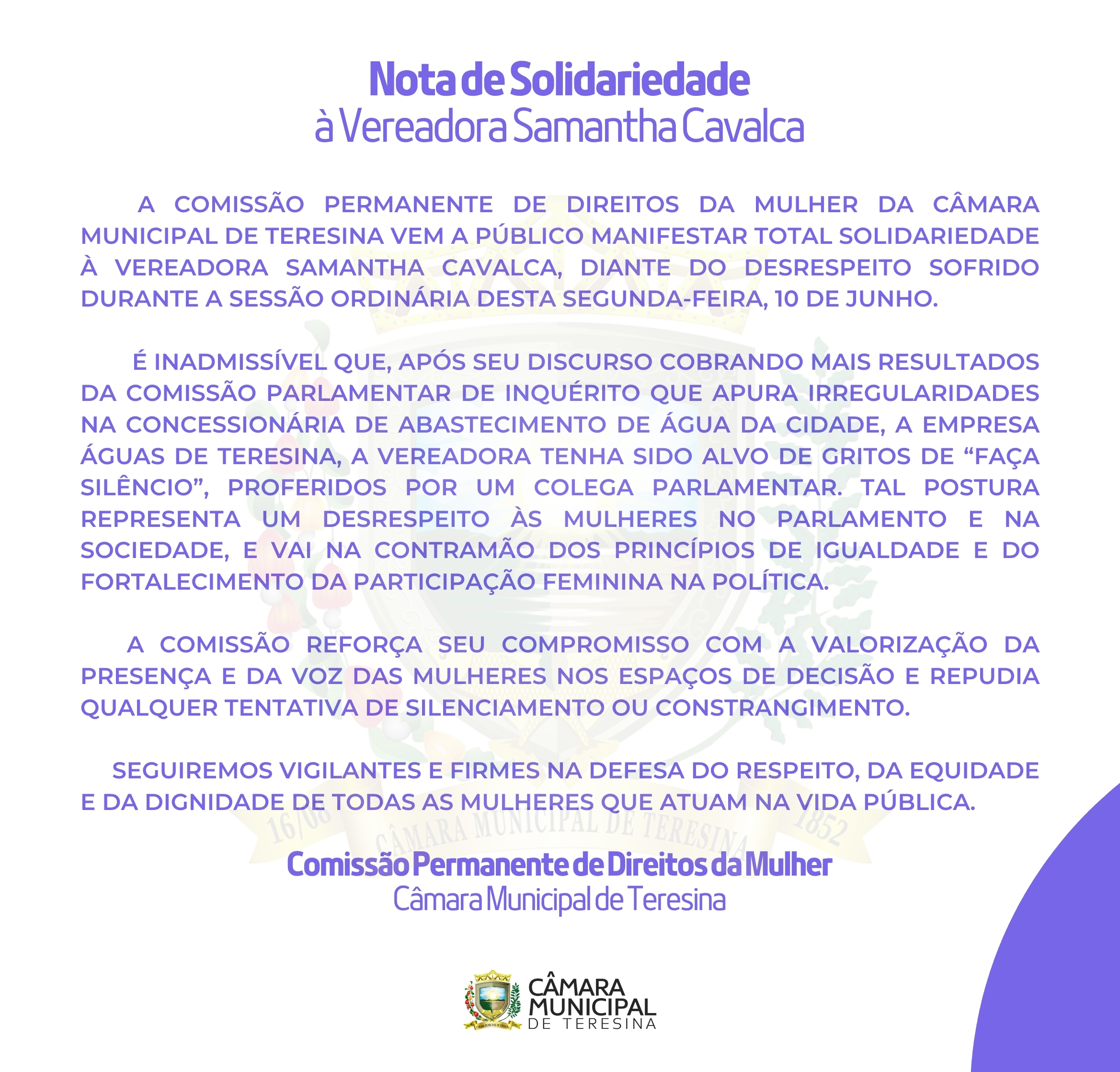 Nota de Solidariedade à Vereadora Samantha Cavalca